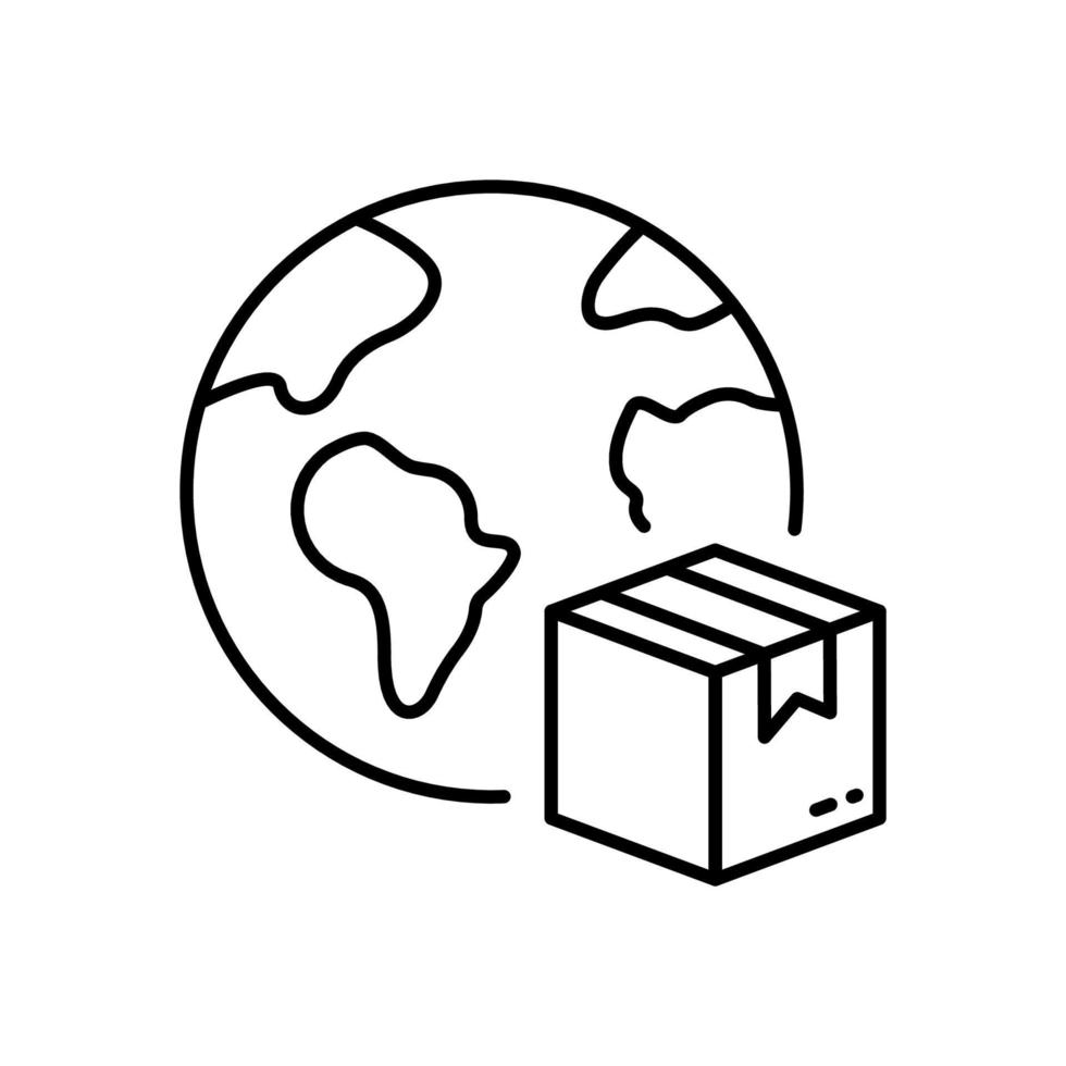 World Wide Delivery Parcel Box and Globe Line Icon. International Shipping Industry Linear Pictogram. Global Worldwide Import Export Retail Outline Icon. Editable Stroke. Isolated Vector Illustration.