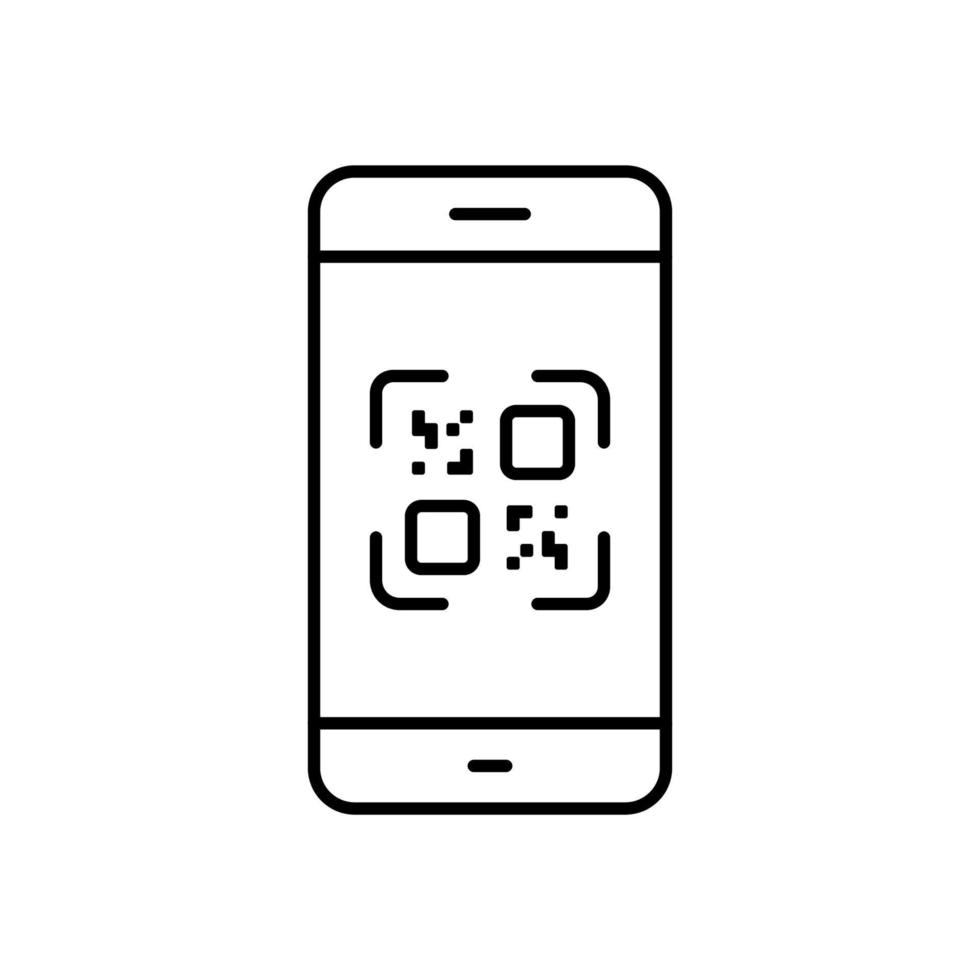 Payment with QR Code on Smartphone Line Icon. Square QRcode on Mobile Phone App Linear Pictogram. Scanner Application for Barcode Outline Icon. Editable Stroke. Isolated Vector Illustration.