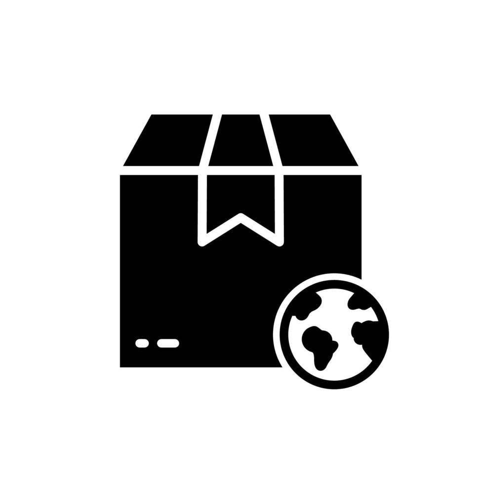 icono de silueta de entrega internacional de caja de globo y paquetería. Pictograma de glifo de la industria minorista de envío global en todo el mundo. paquete de importación y exportación en el icono del planeta tierra. ilustración vectorial aislada. vector