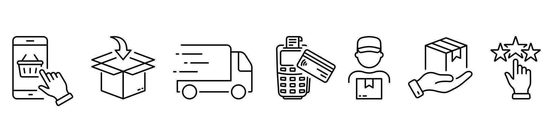 Delivery Process Line Icon. Shipping Product Guide Linear Pictogram. Delivery Flow Mobile Phone Order Package Truck Courier Payment Rating Outline Icon. Editable Stroke. Isolated Vector Illustration.