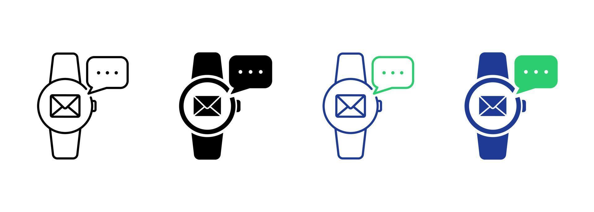 Message on Smart Watch Silhouette and Line Icon. Smartwatch Notification Pictogram. Communication Mail Envelope Icon on Tracker Modern Sport Gadget. Editable Stroke. Isolated Vector Illustration.