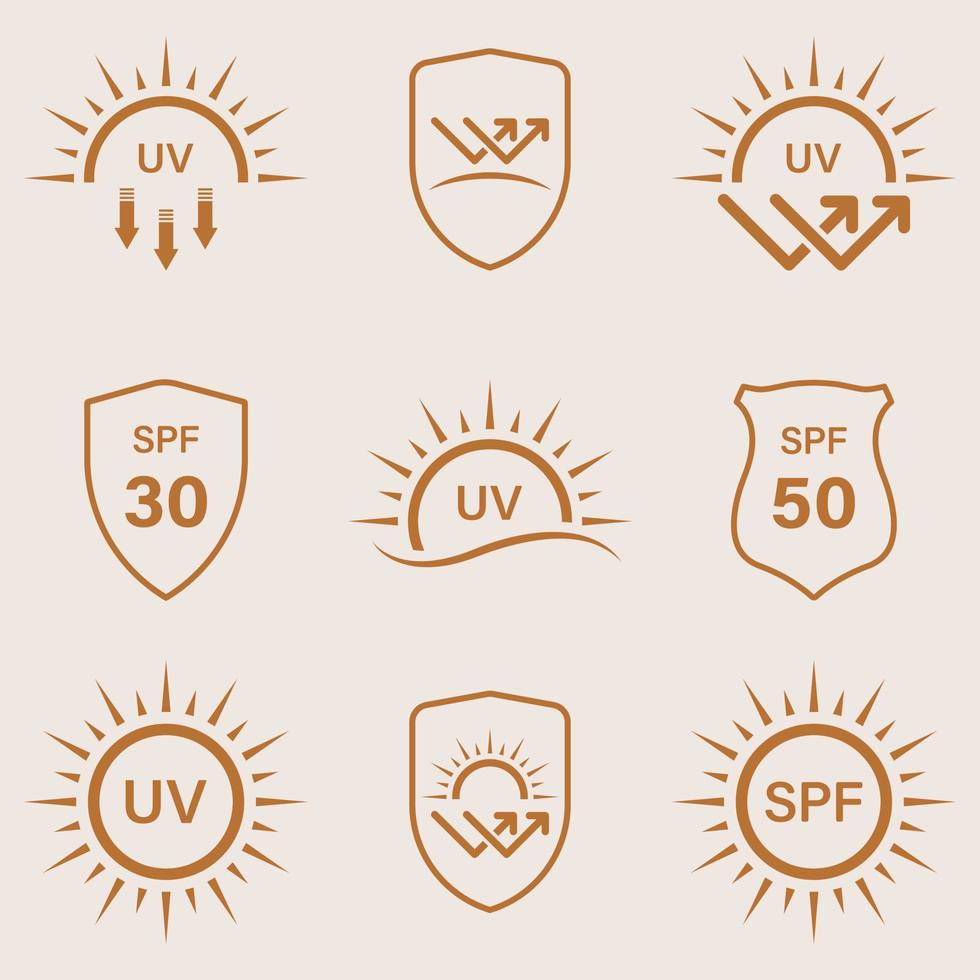 conjunto de iconos de línea spf de protección solar uv. Protector solar que protege la piel de los rayos de radiación ultravioleta pictograma lineal. el bloque refleja el icono de contorno de las flechas de rayos de luz solar. ilustración vectorial aislada. vector