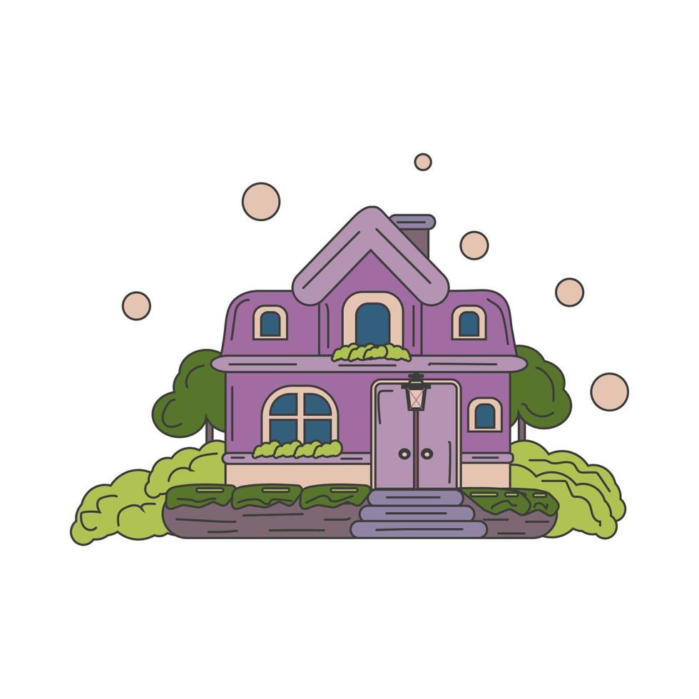 a fabulous purple house with bushes and trees vector