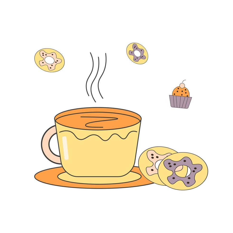 una taza de delicioso té fragante con donuts vector