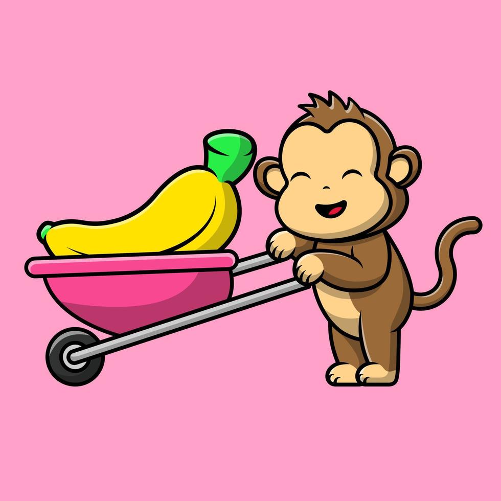 Cute Monkey Bring Banana Fruit With Trolley Cartoon Vector Icons Illustration. Flat Cartoon Concept. Suitable for any creative project.