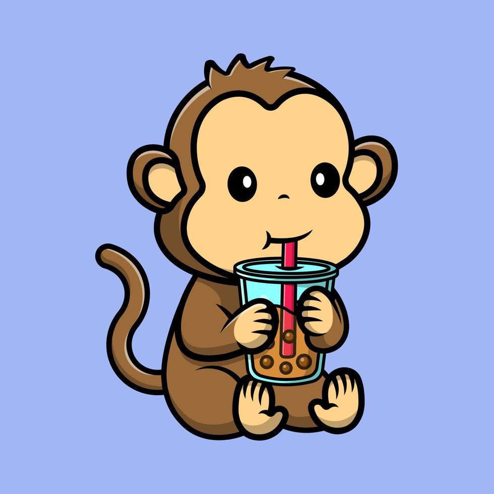 Cute Monkey Drink Boba Milk Tea Cartoon Vector Icons Illustration. Flat Cartoon Concept. Suitable for any creative project.