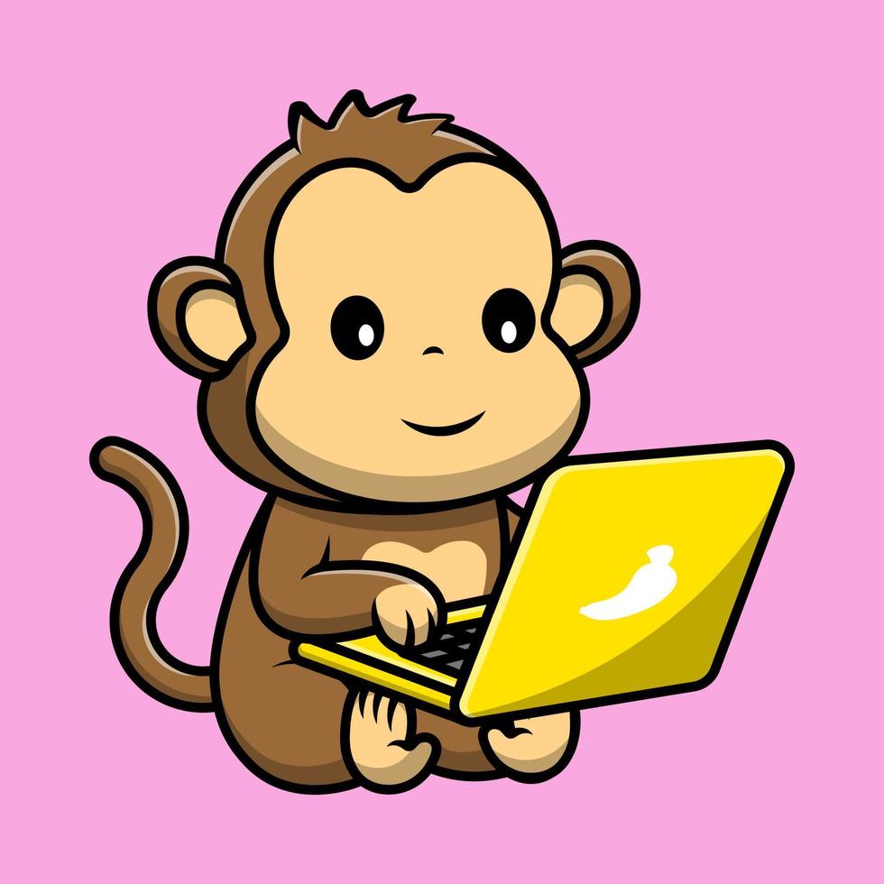 Cute Monkey Working On Laptop Cartoon Vector Icons Illustration. Flat Cartoon Concept. Suitable for any creative project.