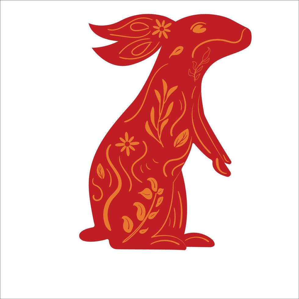 Chinese New Year Red Zodiac Rabbit with Orange Floral Ornament vector