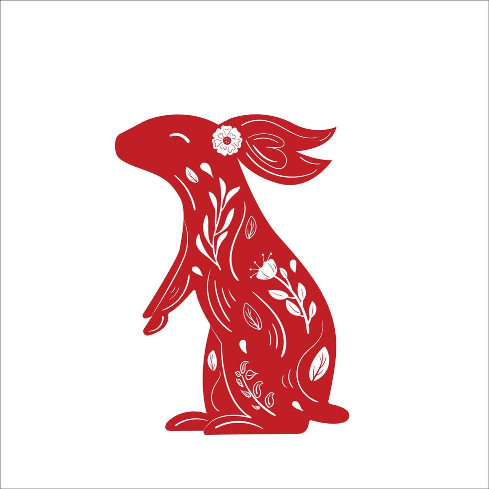 Chinese New Year Gold Gradient Zodiac Rabbit with Red Floral Ornament vector