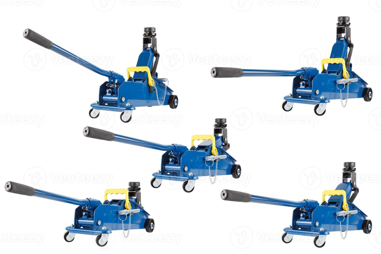 set of isolated blue hydraulic car jacks on white background raised in different heights photo