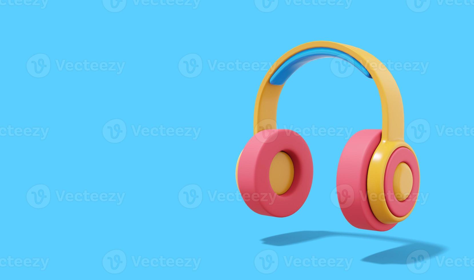 3d rendering. Multicolored headphones on blue background with space for text. photo