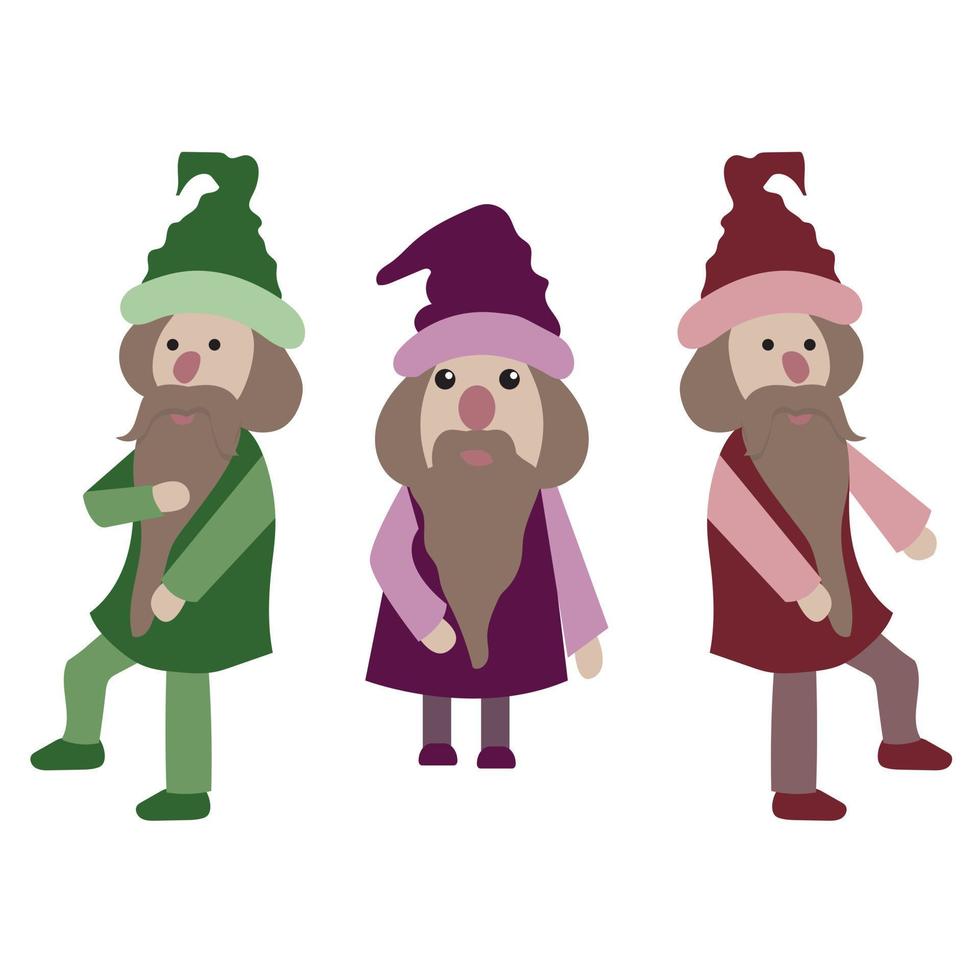 conjunto de tres hombrecitos. personaje enano. lindo y divertido gnomo con barba. ilustración de stock vectorial. vector