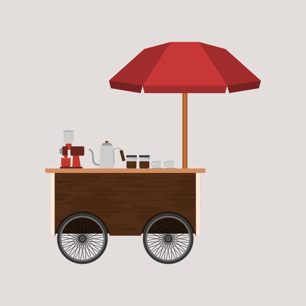 Editable Isolated Simple Wooden Mobile Coffee Cart Vector Illustration With Umbrella and Brewing Equipment for Cafe Related Concept