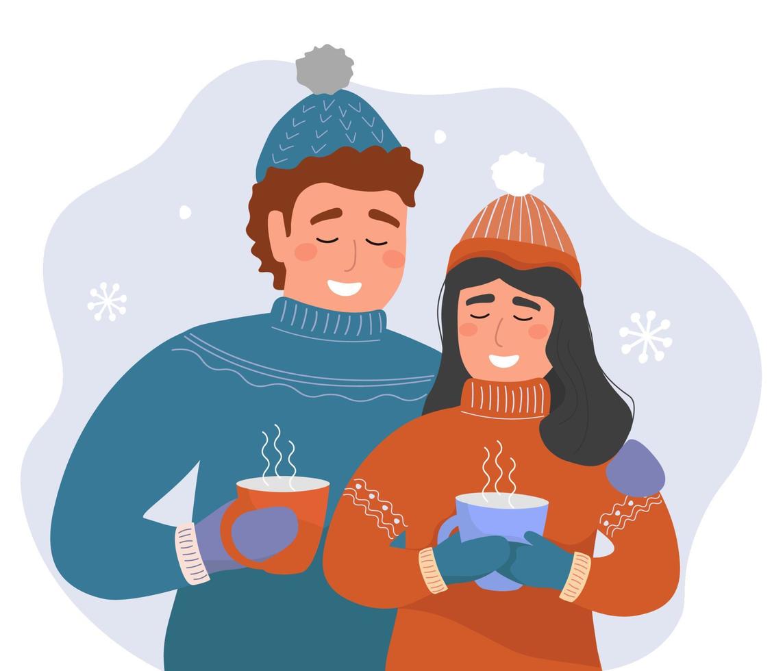 A couple of guys and girls drink hot coffee, tea in winter against the background of snow and snowflakes. Lovers embrace. Vector graphics.