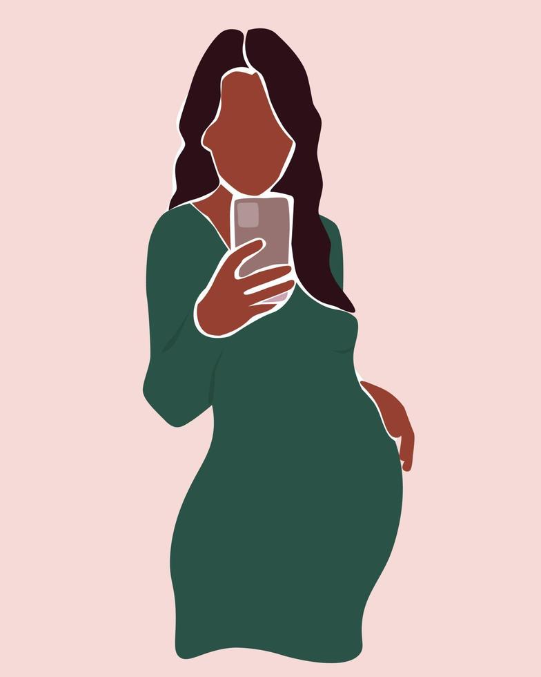 Portrait of a pregnant woman with a phone in her hand. The expectant mother takes a selfie. Vector graphics.