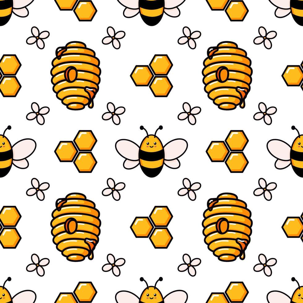 Cute honey bee seamless pattern. Vector doodle cartoon beehive, flowers and honeycombs illustration digital paper isolated on white background perfect for kids fabric