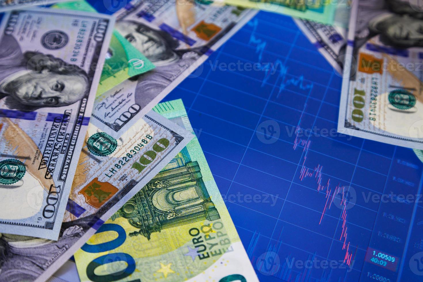 dollar and euro banknotes over digital screen with exchange chart, USD EUR parity concept photo