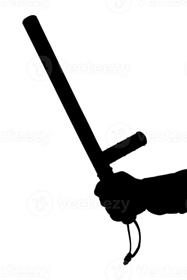 a black and white silhouette of hand in shirt with rubber police baton isolated on white background photo