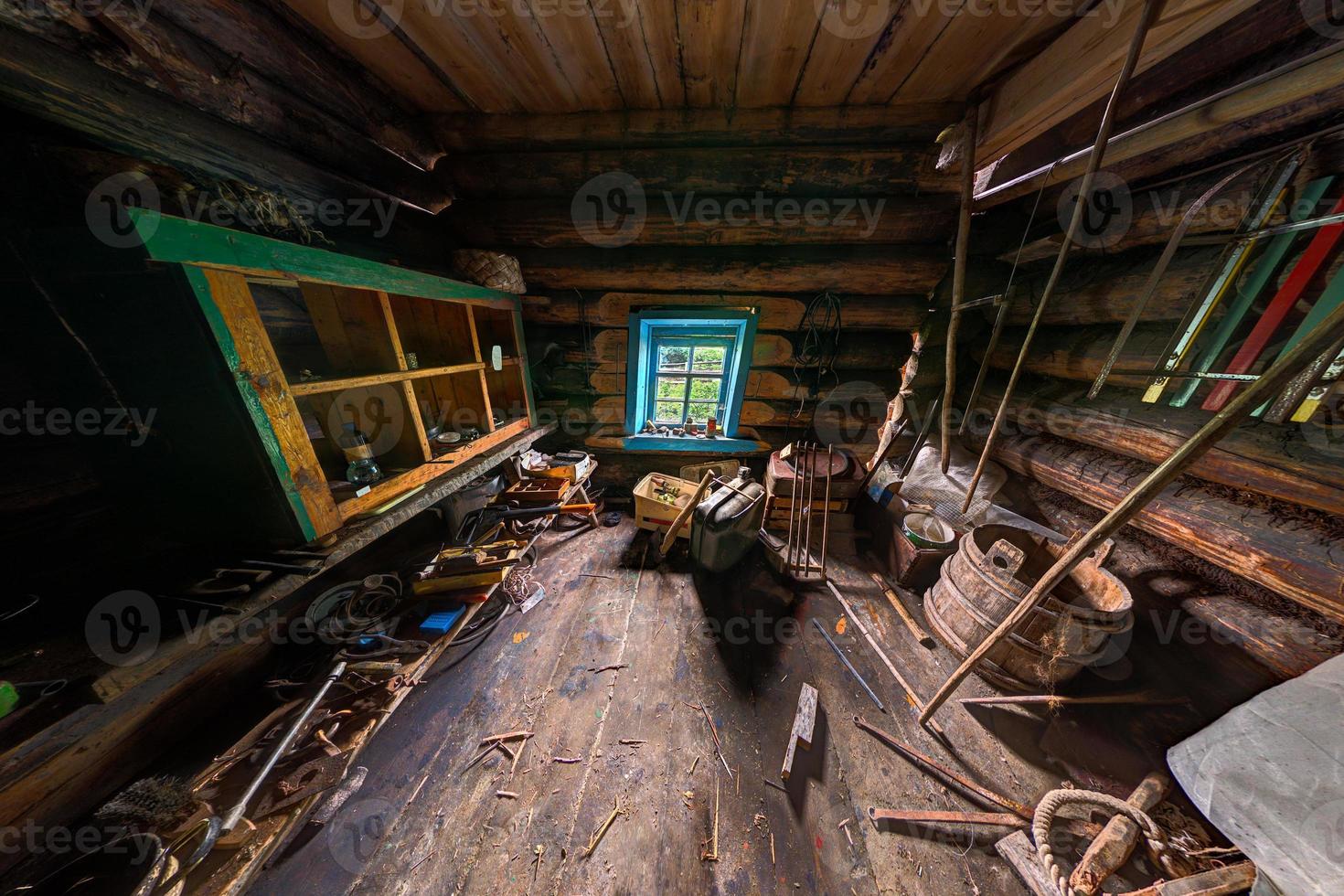 Old woodwork shop interior panorama photo