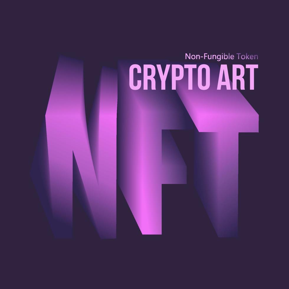 Purple abbreviation NFT text of a 3D illustration non-fungible token crypto art on black background. Vector cryptocurrency