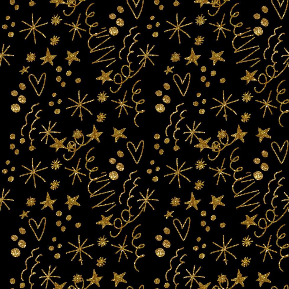 Seamless pattern with illustration of the symbol of snowflakes, stars, hearts, confetti in gold texture on a black background vector