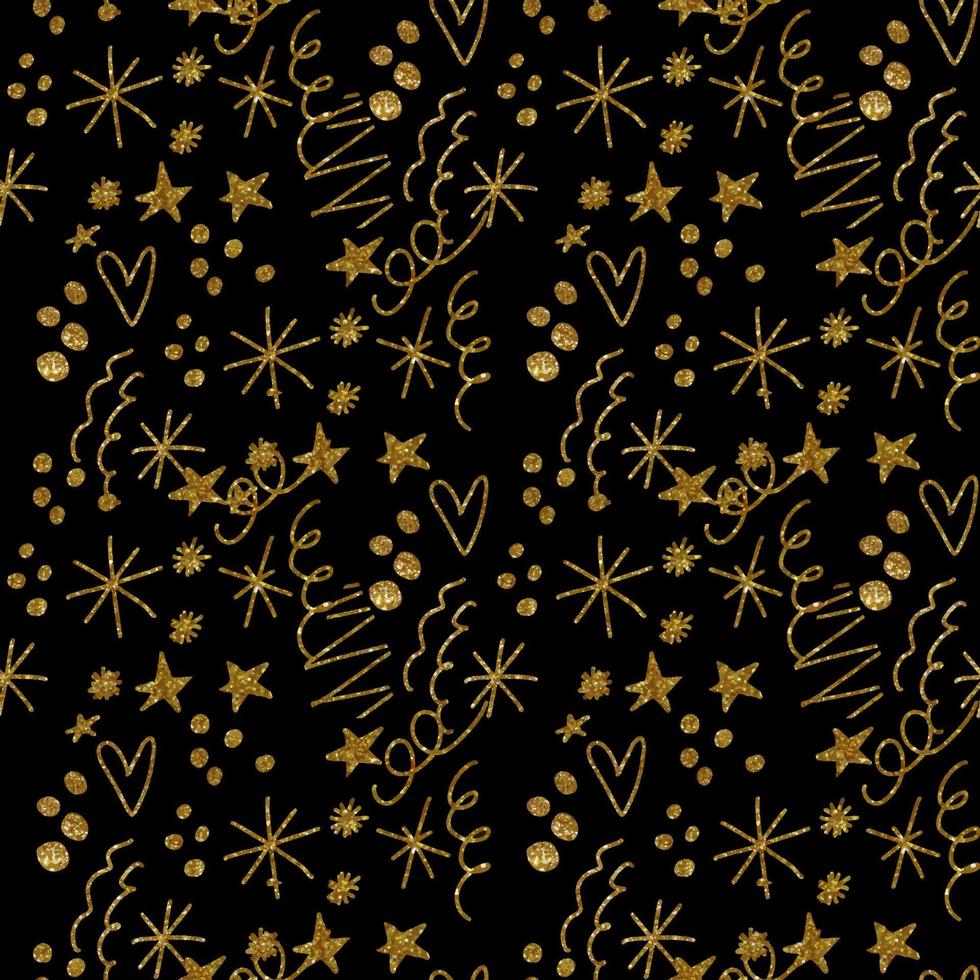 patrón impecable con ilustración del símbolo de copos de nieve, estrellas, corazones, confeti en textura dorada sobre un fondo negro vector