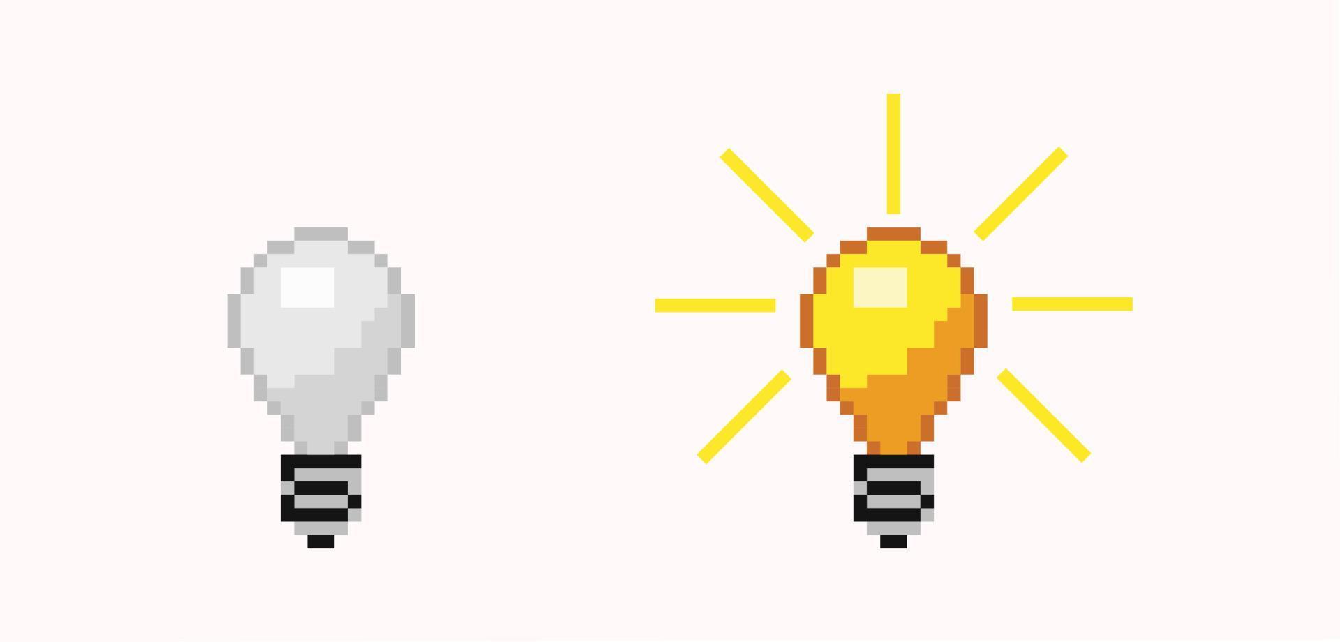 bombilla de píxeles apagada y encendida. Lámpara luminosa de luz libre de energía naranja y blanca Diseño de juego de ideas creativas con destellos brillantes de una inspiración de lámpara incandescente con luz vectorial. vector