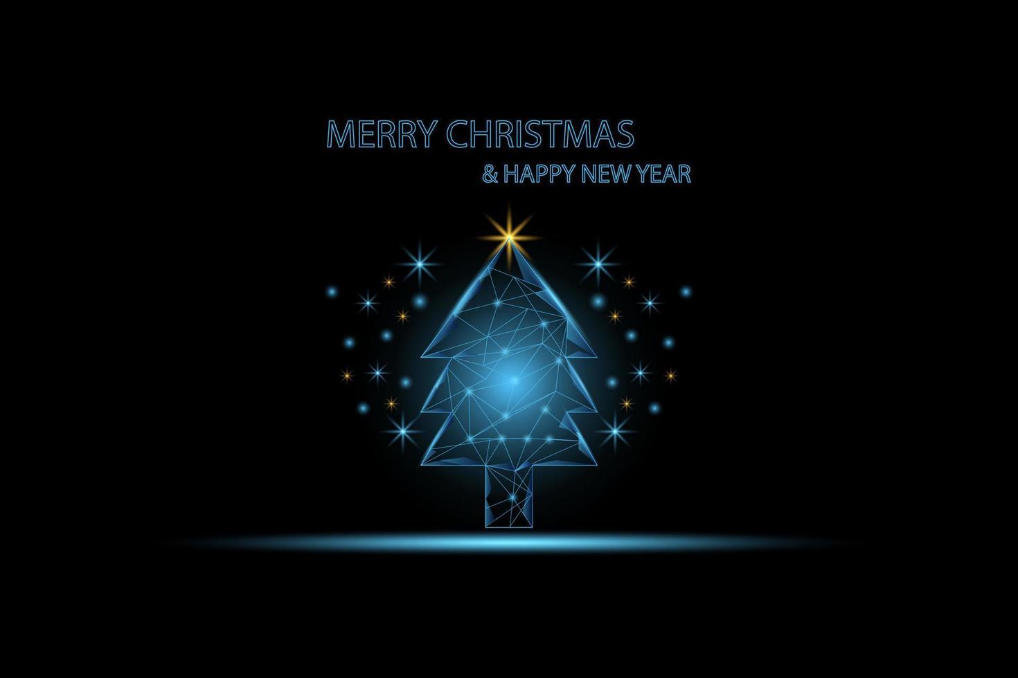 Christmas and New years celebrate concepts. Low polygon and wireframe Christmas tree and a golden star on top. Spike and shiny star on black background. vector