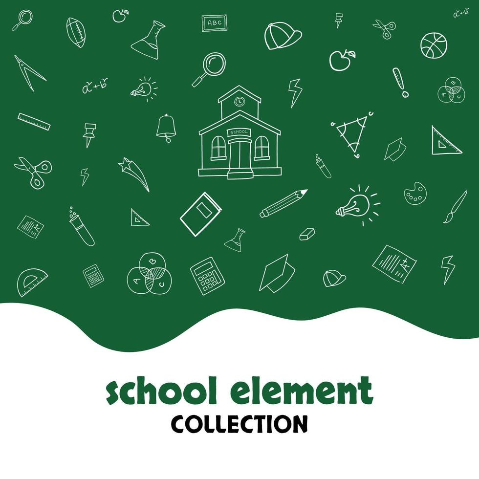 Hand drawn school element doodle collection background on a green background.  Set of school doodle vector illustration. School doodle element