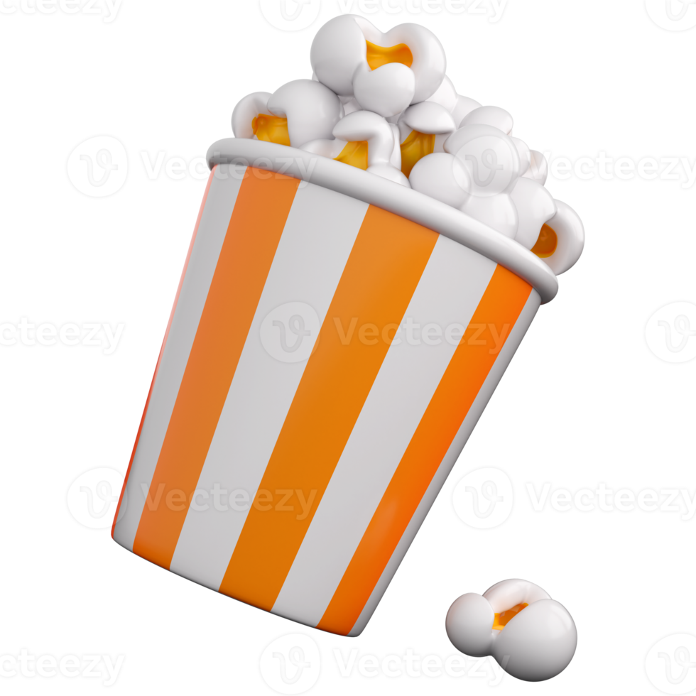 Seau rayé de pop-corn 3d. collation de cinéma, film, concept de divertissement. rendu 3d isolé de haute qualité png