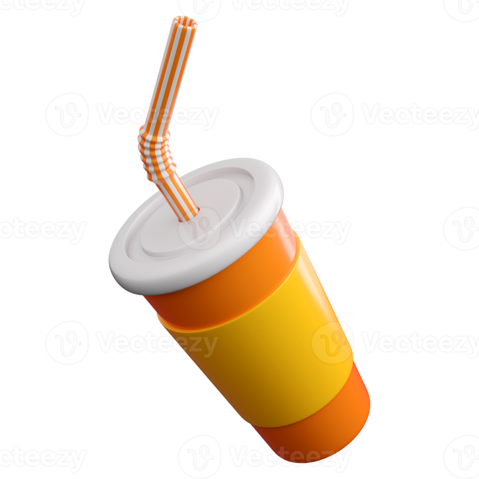 3d paper or plastic glass with striped tube.  Fast food or cinema snack concept. High quality isolated 3d render png