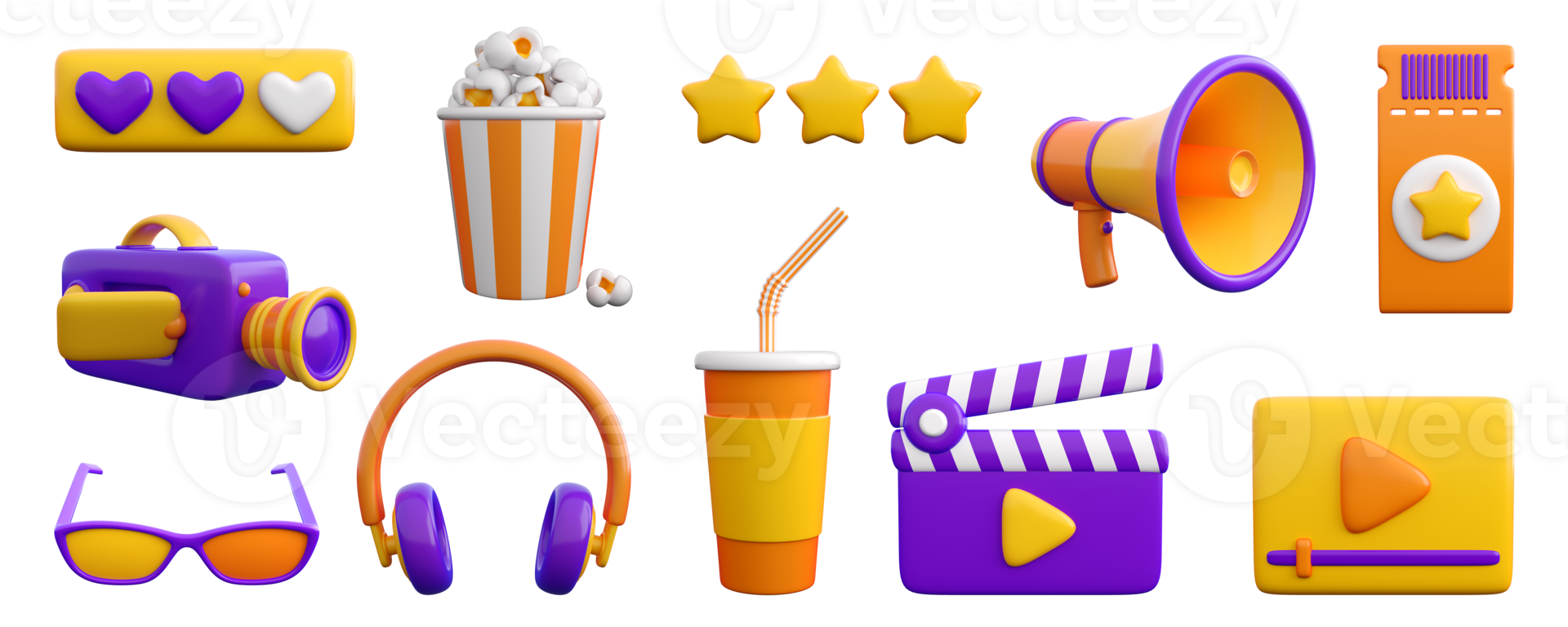 3d set of cinema, movie, theatre, video and audio icons. Trendy glossy plastic design elements. High quality isolated render png