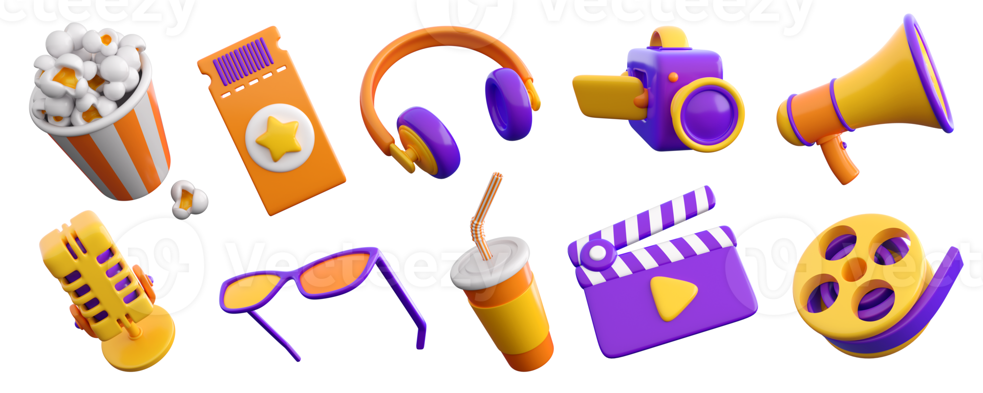 3d set of cinema, movie, theatre, video and audio icons. Trendy glossy plastic design elements. High quality isolated render png