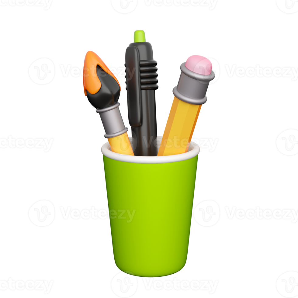 3d writing accessories - brush, pen, pencil. Element for back to school, learning and online education banners. High quality isolated render png