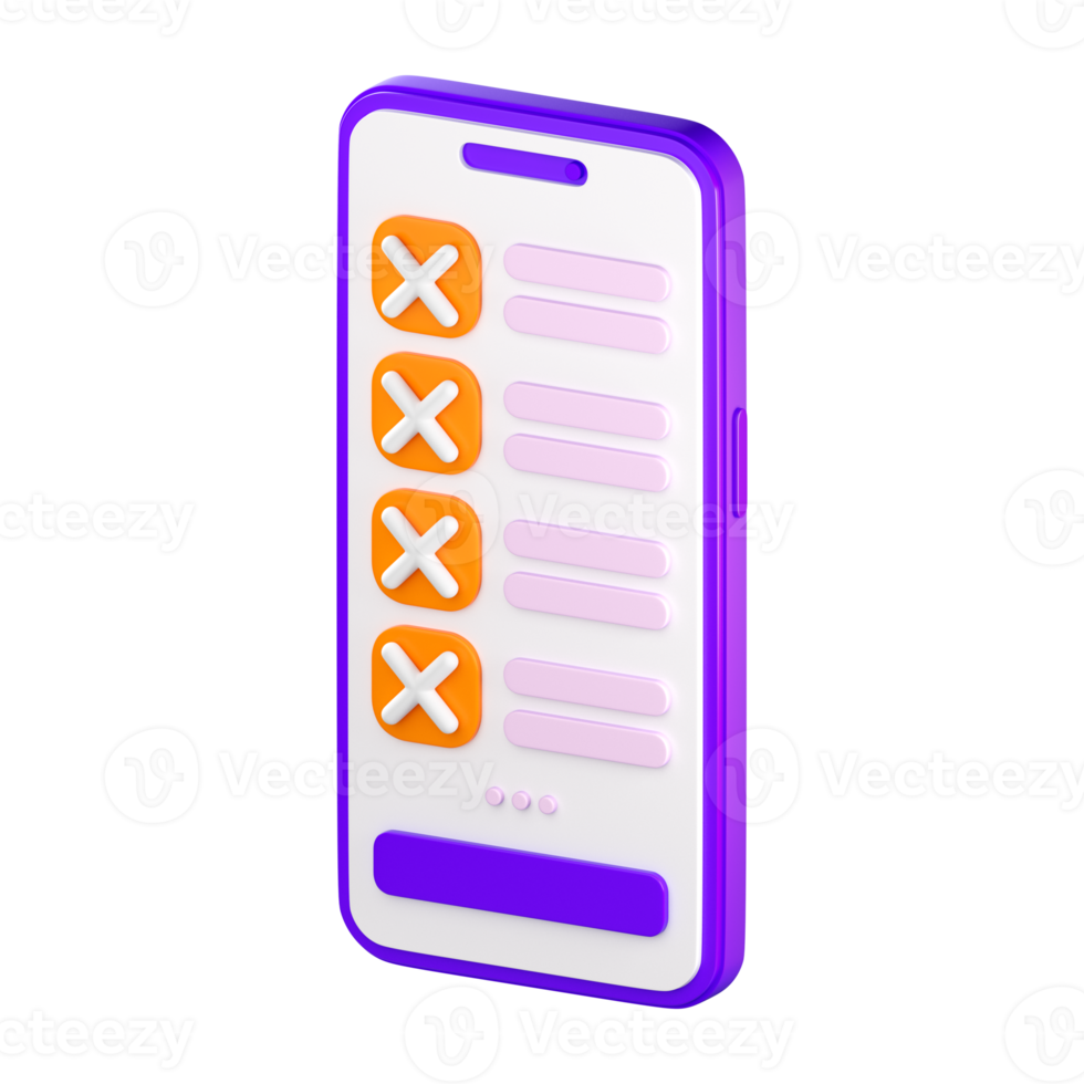 3d smartphone with checklist on the screen. Todo or tasks list, vote form, online survey, feedback or examination concept. High quality isolated render png
