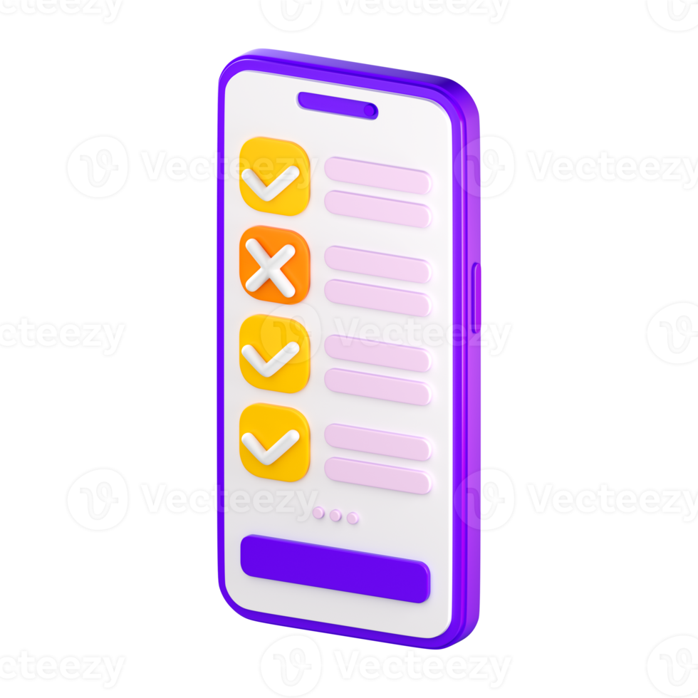 3d smartphone with checklist on the screen. Todo or tasks list, vote form, online survey, feedback or examination concept. High quality isolated render png