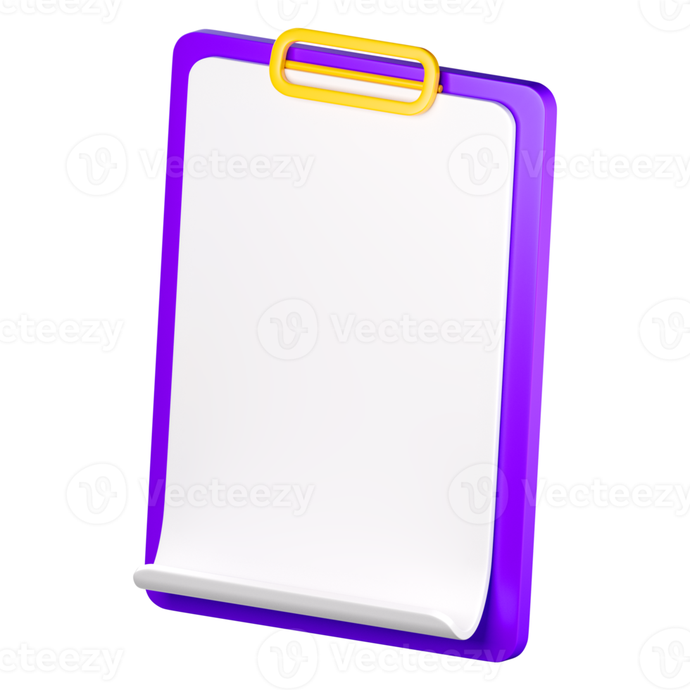 icône de presse-papiers de liste de contrôle vide 3d. liste de tâches ou de tâches, formulaire de vote, sondage en ligne, rétroaction ou concept d'examen. rendu isolé de haute qualité png