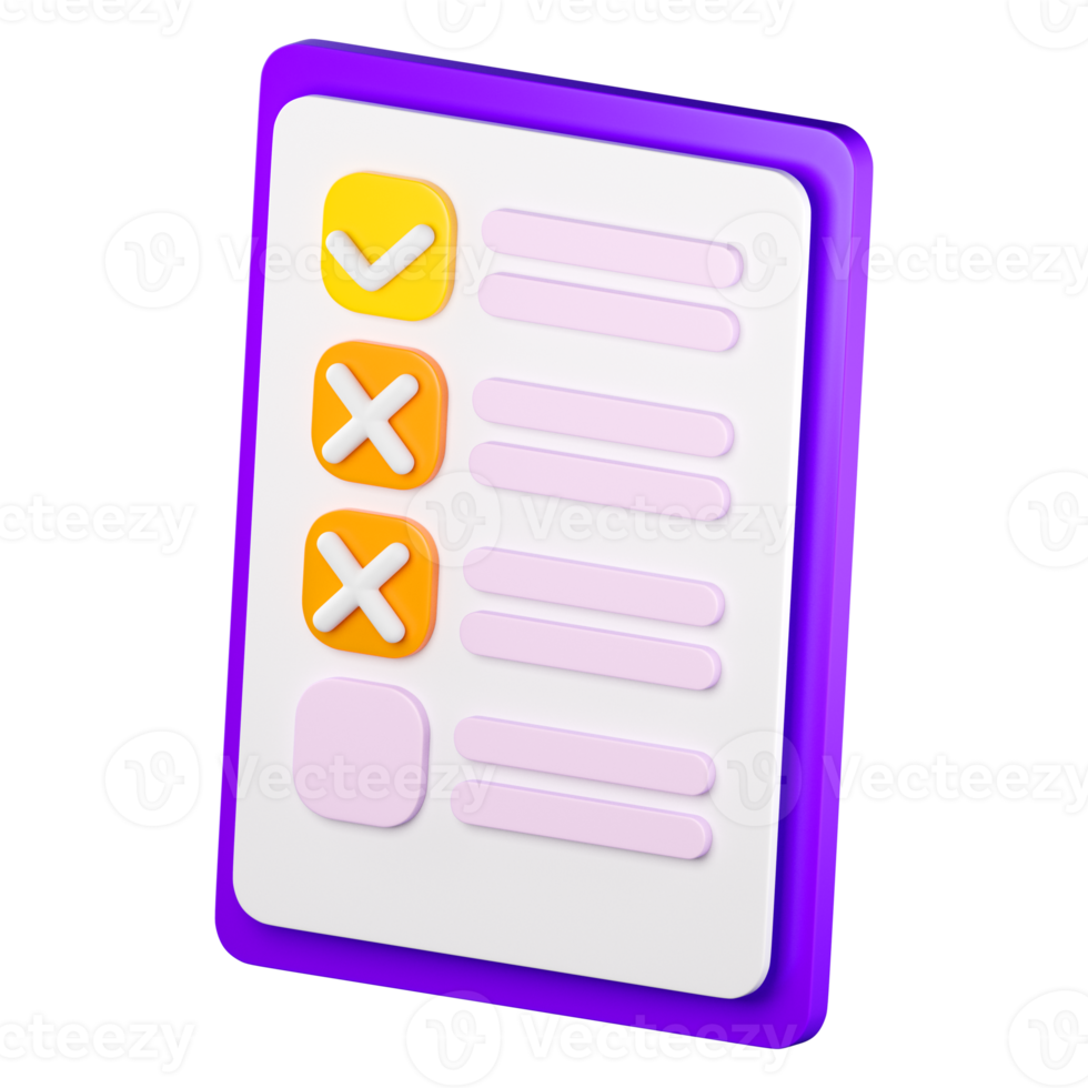 3d cheklist clipboard icon. Todo or tasks list, vote form, online survey, feedback or examination concept. High quality isolated render png