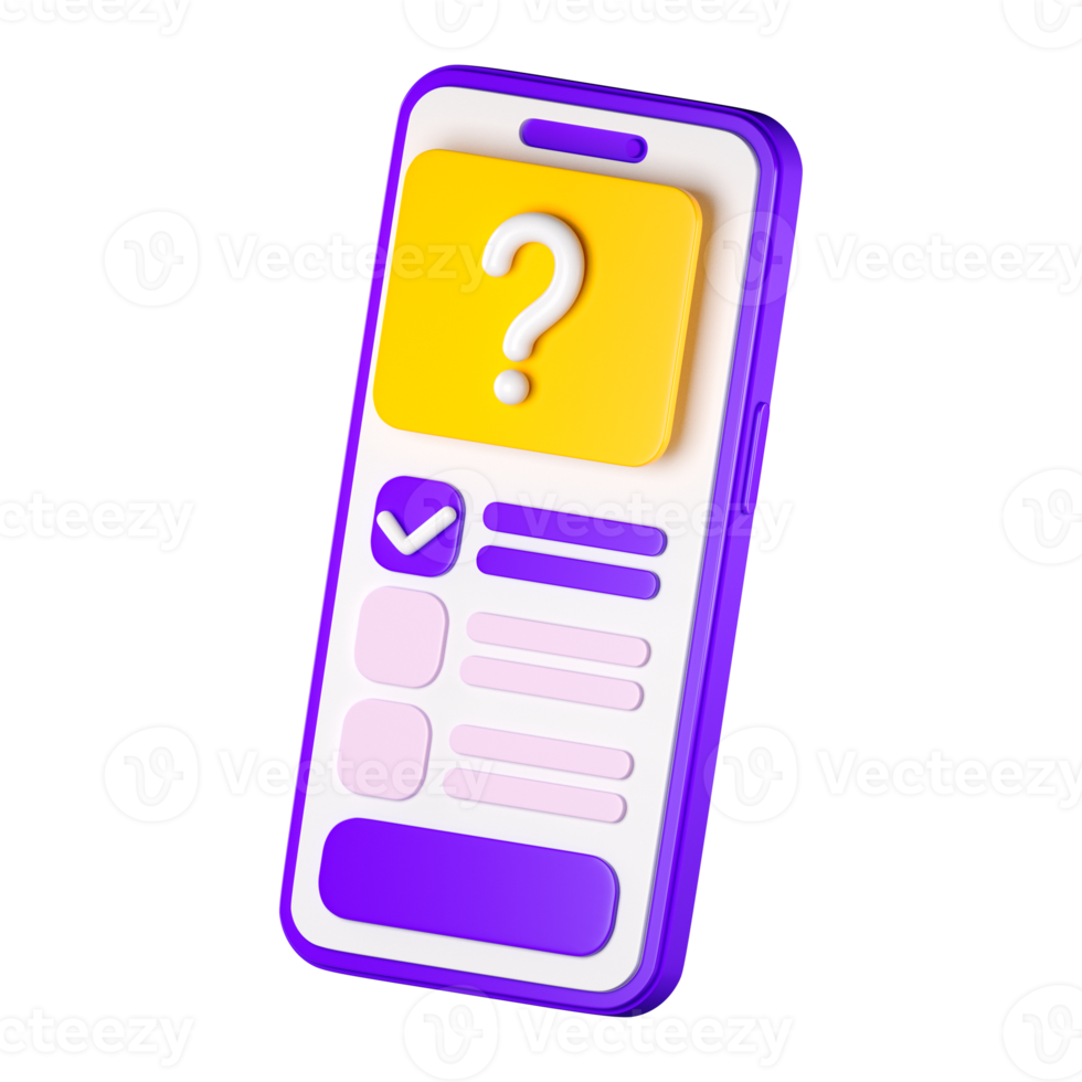 Smartphone 3D com lista de verificação na tela. lista de tarefas ou tarefas, formulário de votação, pesquisa on-line, feedback ou conceito de exame. renderização isolada de alta qualidade png