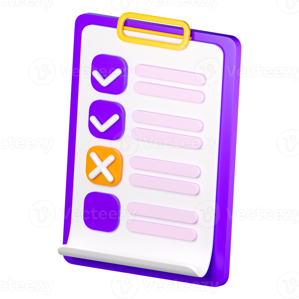 3D-Checklisten-Zwischenablage-Symbol. todo- oder aufgabenliste, abstimmungsformular, online-umfrage, feedback- oder prüfungskonzept. hochwertiges isoliertes rendern png