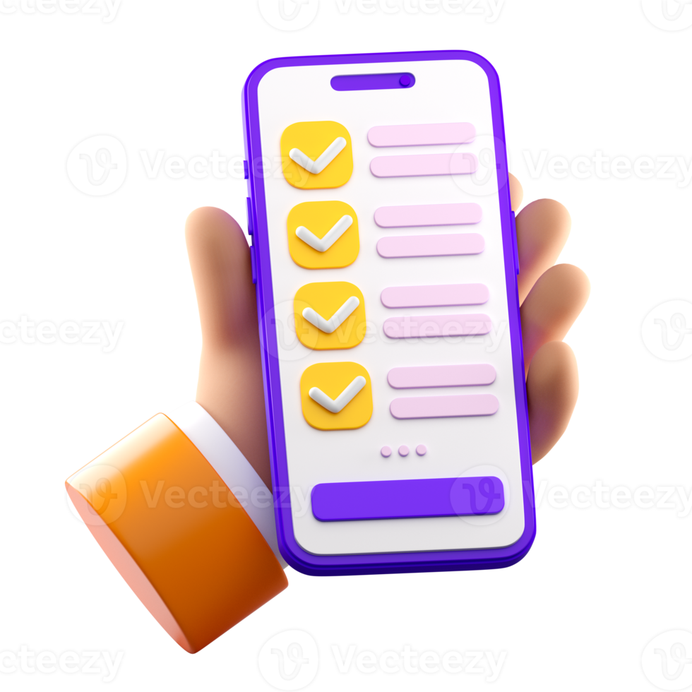 3d smartphone with human hand with checklist on the screen. Todo or tasks list, vote form, online survey, feedback or examination concept. High quality isolated render png