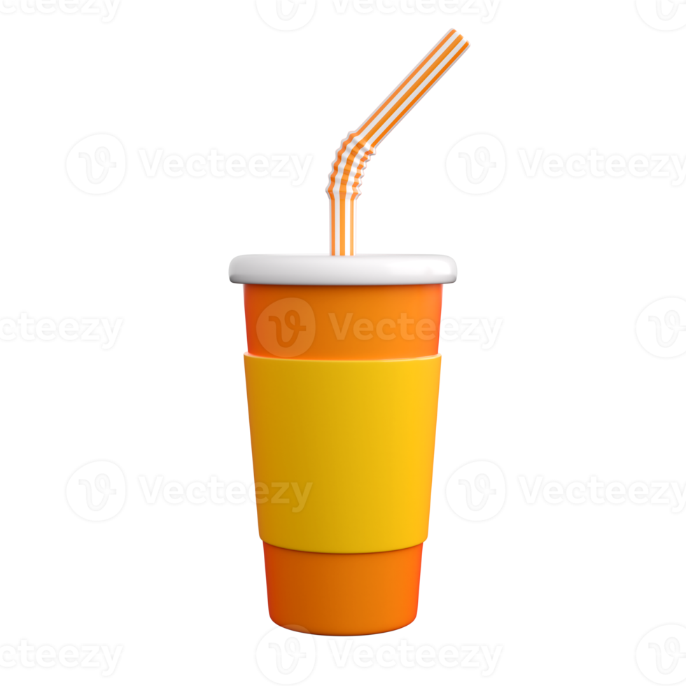 3d paper or plastic glass with striped tube.  Fast food or cinema snack concept. High quality isolated 3d render png