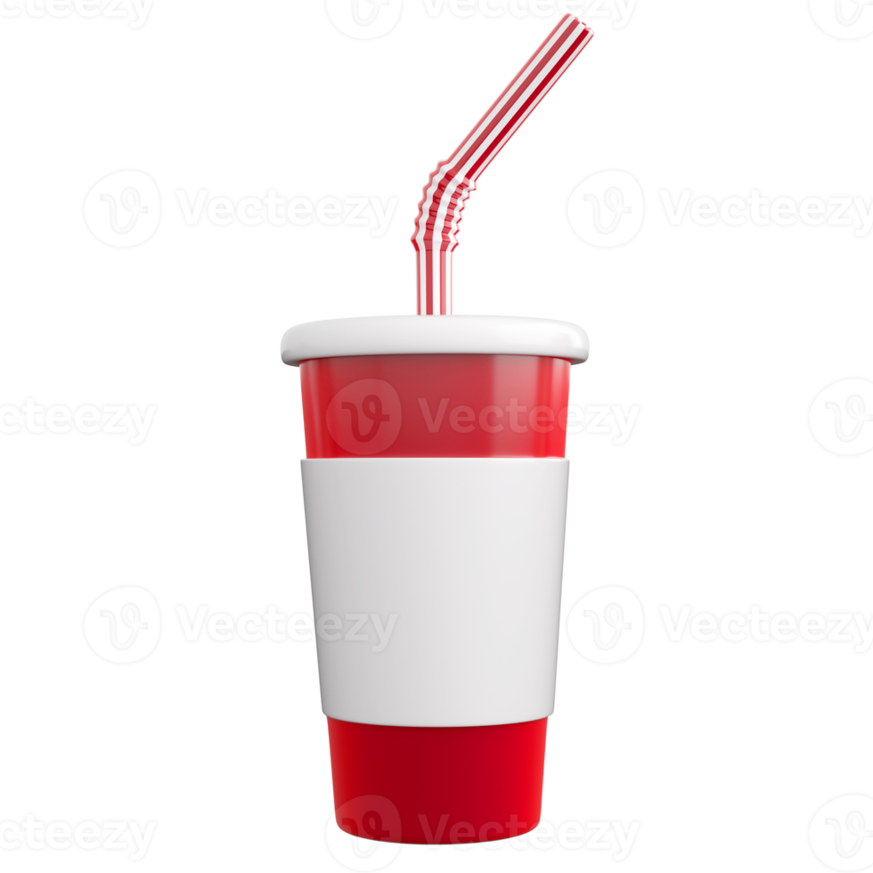 3d paper or plastic glass with striped tube.  Fast food or cinema snack concept. High quality isolated 3d render png