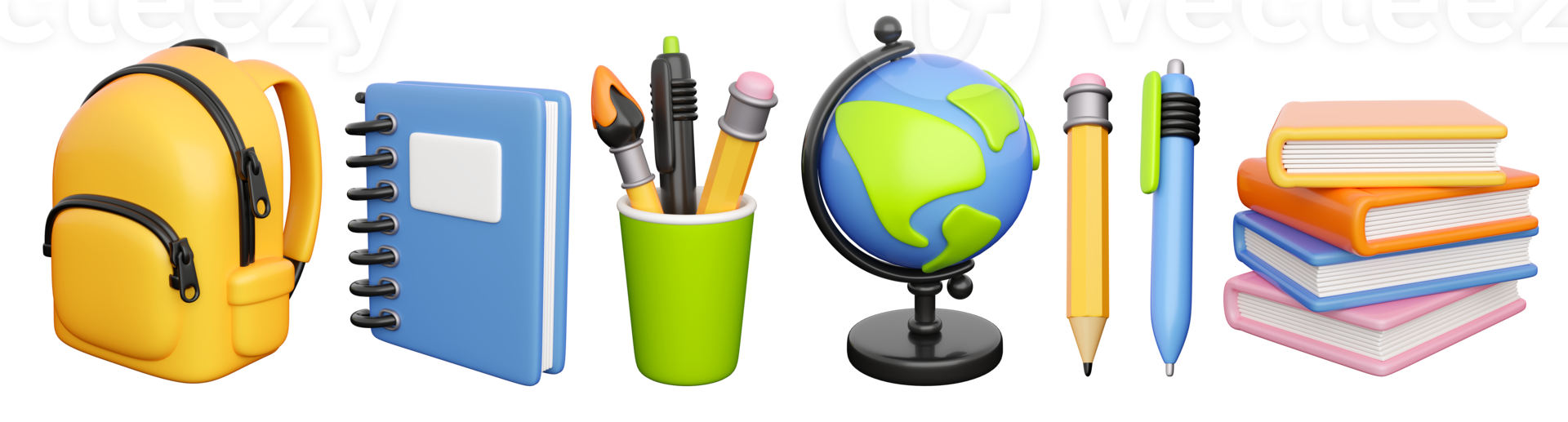 Icons set for back to school, learning and onlline education banners. School bag, notebook, writing accessories, globe and books stack. 3d high quality isolated render png
