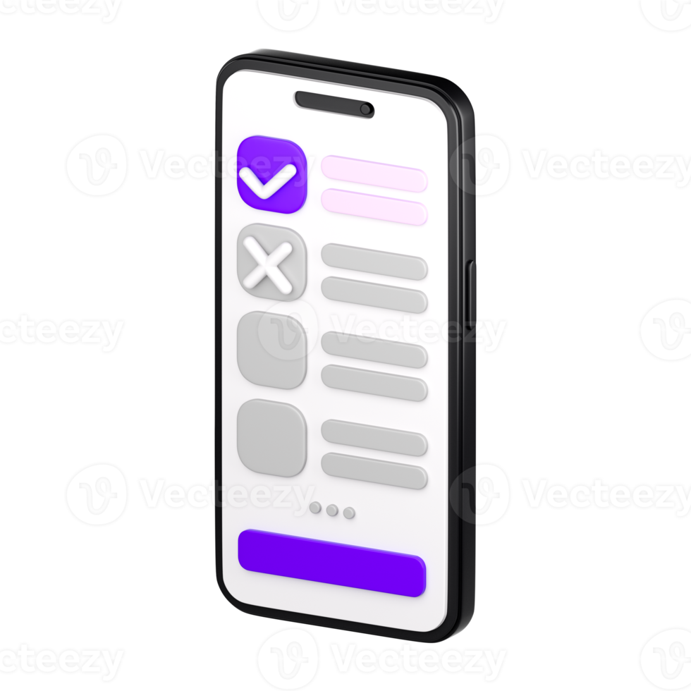 smartphone 3d avec liste de contrôle à l'écran. liste de tâches ou de tâches, formulaire de vote, sondage en ligne, rétroaction ou concept d'examen. rendu isolé de haute qualité png