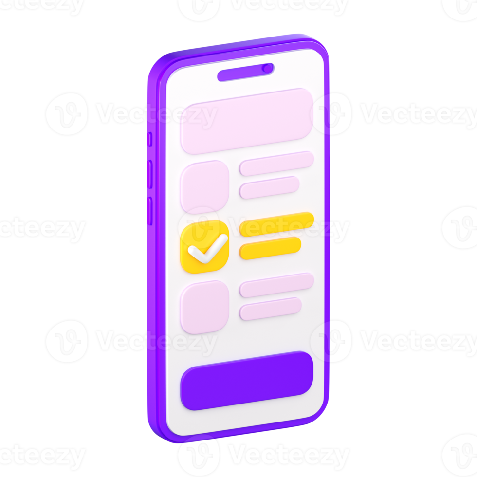 3d smartphone met checklist Aan de scherm. Te doen of taken lijst, stemmen het formulier, online vragenlijst, terugkoppeling of examen concept. hoog kwaliteit geïsoleerd geven png