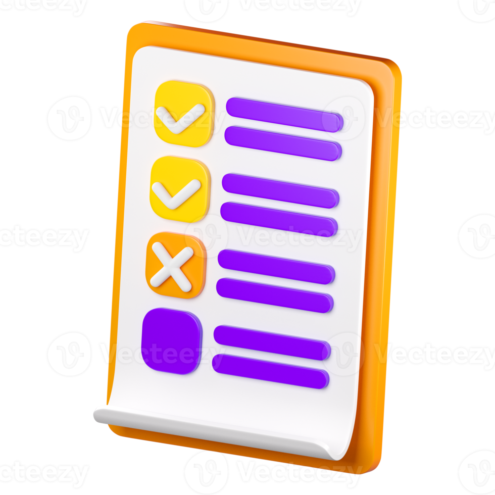 3d cheklist clipboard icon. Todo or tasks list, vote form, online survey, feedback or examination concept. High quality isolated render png