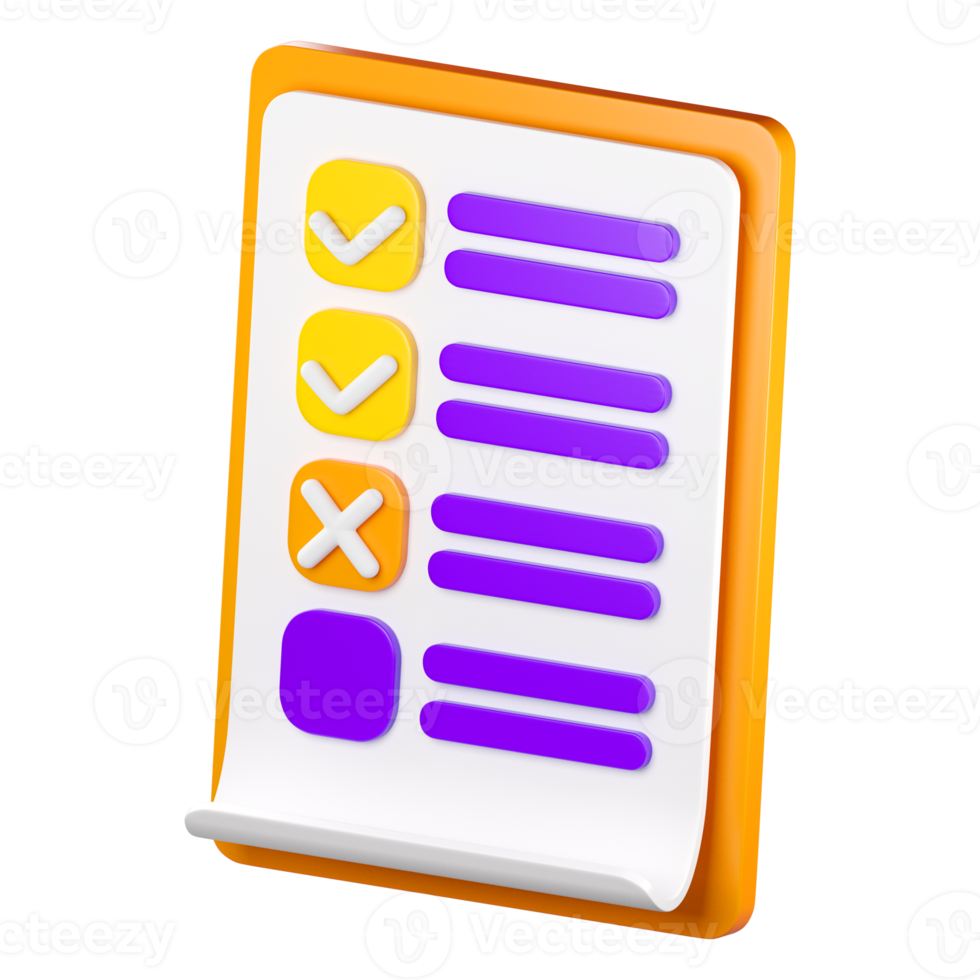 ícone da área de transferência da lista de verificação 3D. lista de tarefas ou tarefas, formulário de votação, pesquisa on-line, feedback ou conceito de exame. renderização isolada de alta qualidade png