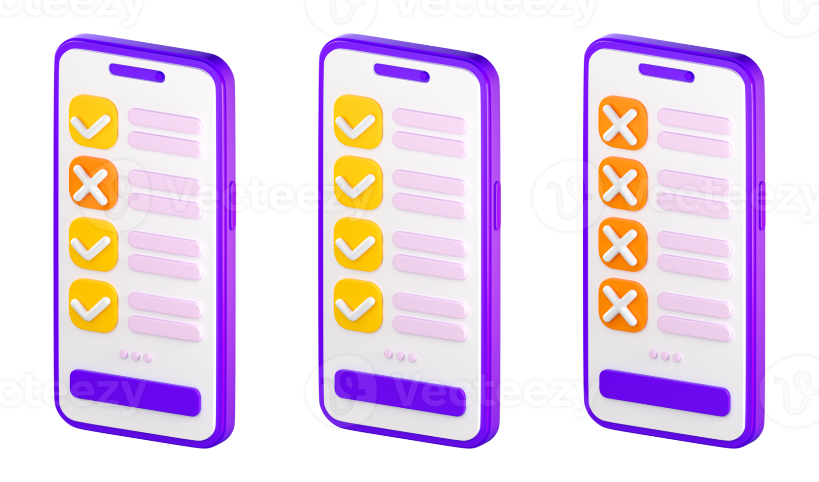 3d smartphone with checklist on the screen. Todo or tasks list, vote form, online survey, feedback or examination concept. High quality isolated render png