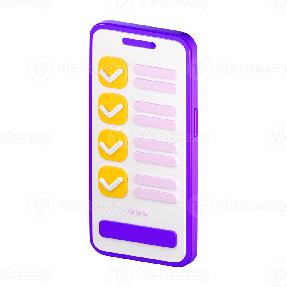 3d smartphone with checklist on the screen. Todo or tasks list, vote form, online survey, feedback or examination concept. High quality isolated render png